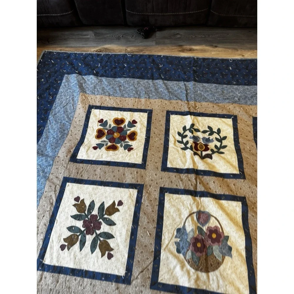 Vintage Handmade Applique Folk Art Quilt King Queen 106x89‎ Floral Country Home